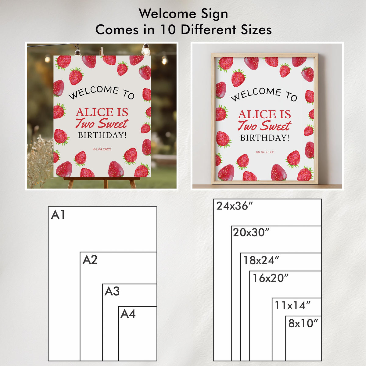 Editable Two Sweet Birthday Party Decorations | Strawberries Printable Party Bundle