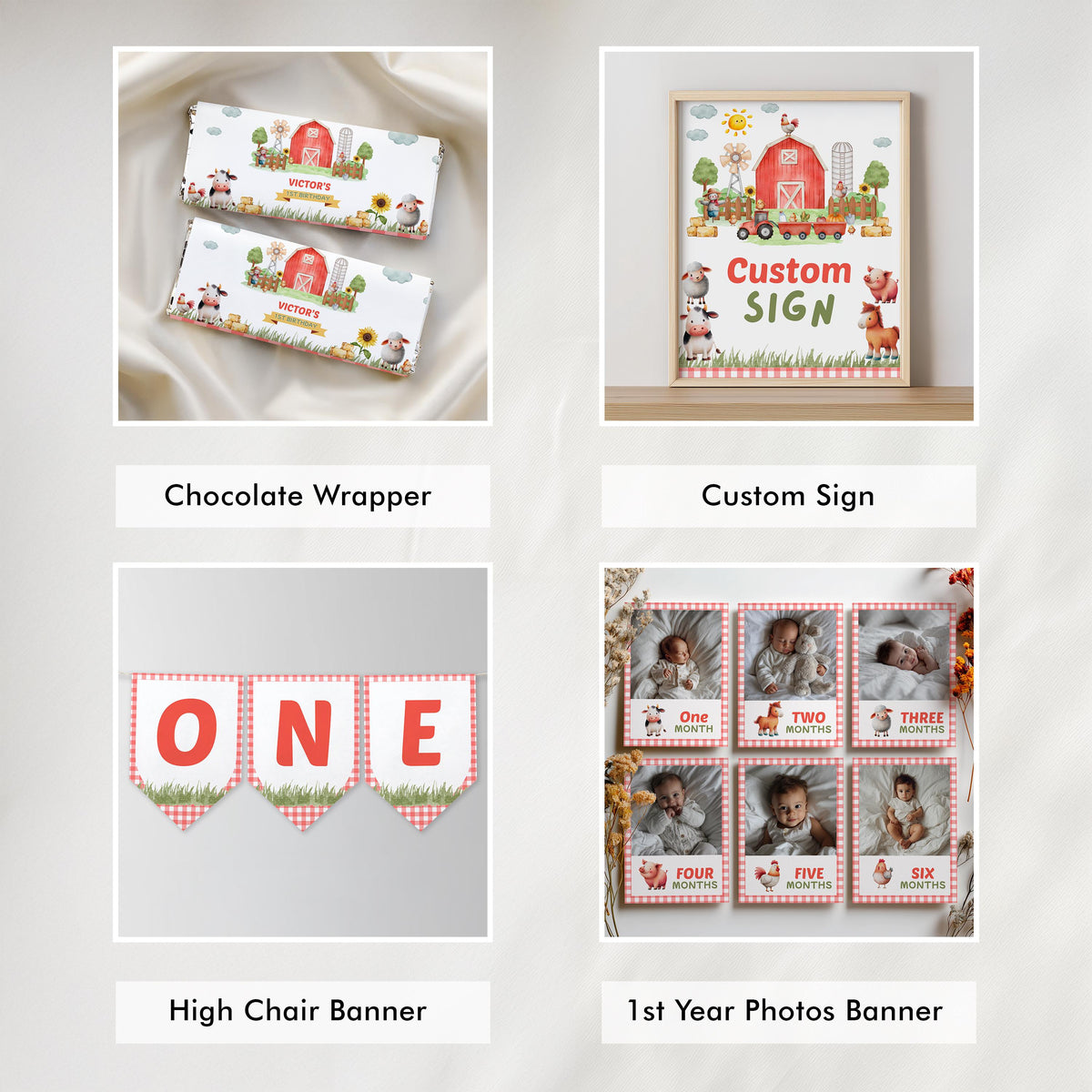 Farm First Birthday Bundle, Barnyard Party Decorations , 1st Birthday Invitation Set