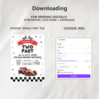 Growing Up Two fast Birthday Invitation, Race Car Party Invite, Racing Red Car 9179