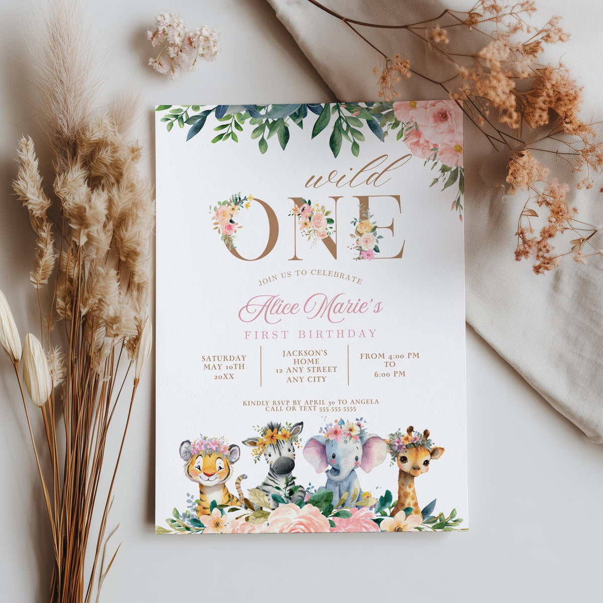 Wild One Girl Invitation, Safari Birthday Party Invite, Instant Download