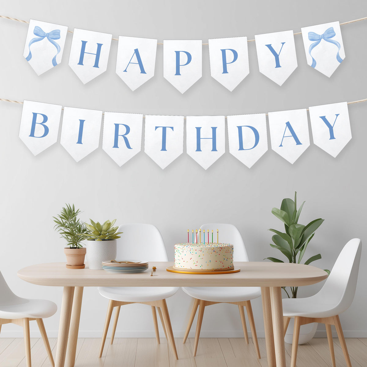 Blue bow Happy Birthday Banner, Printable Happy Birthday Banner , Birthday Decoration, Blue bow Birthday Banner