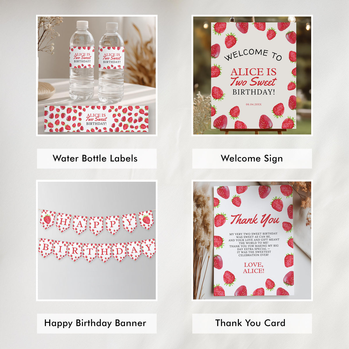 Editable Two Sweet Birthday Party Decorations | Strawberries Printable Party Bundle
