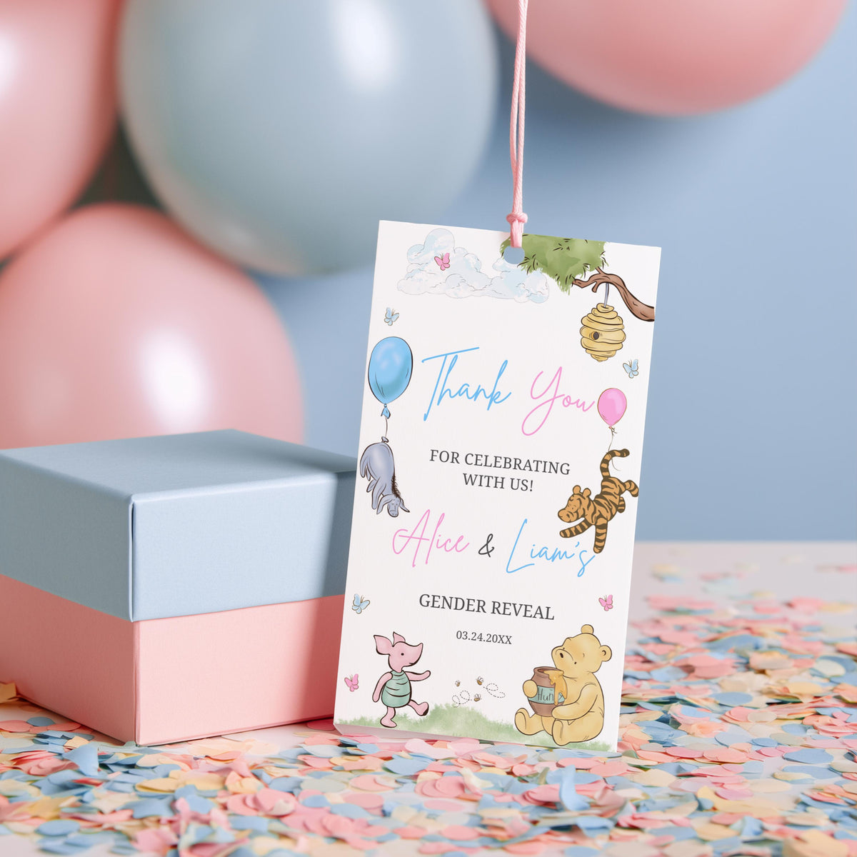 Winnie the Pooh Gender Reveal Favor Tags, Baby Shower Thank You Tags