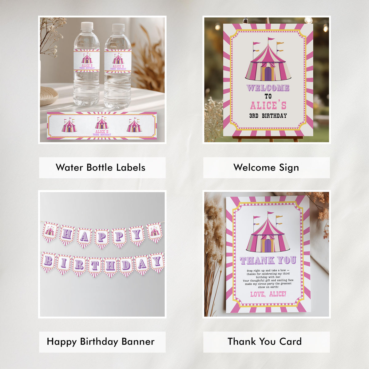 Pink Circus Party Bundle, Girl Circus Birthday Printable Decorations