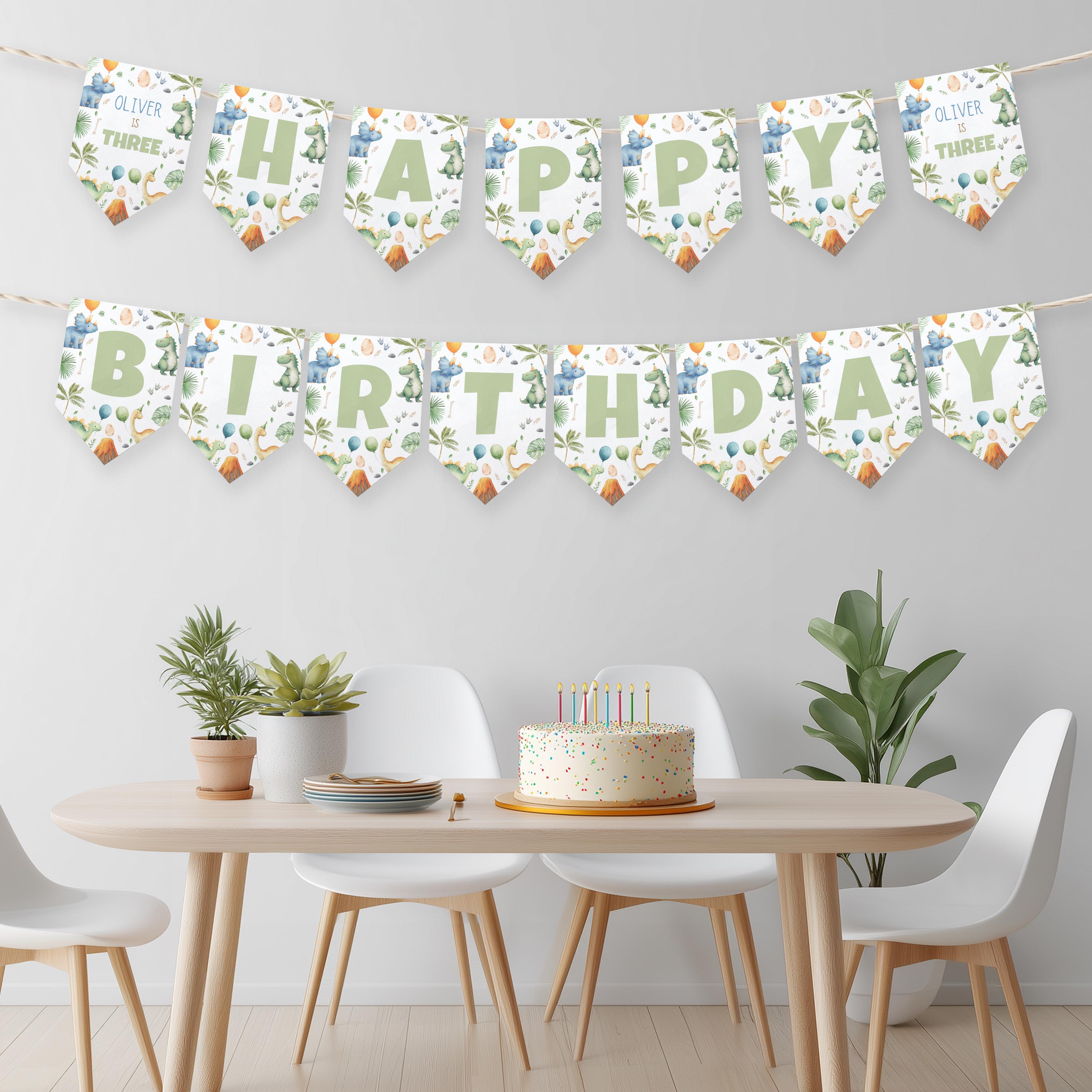Dinosaur Birthday Banner Printable, Happy Birthday Banner, 3rd Birthday Decor, Three-Rex Dinosaur Party Banner 9166