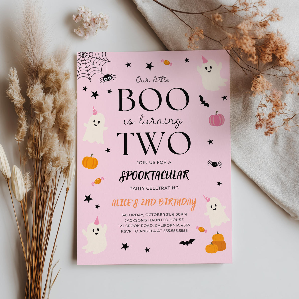Pink Ghost Halloween Birthday Invitation: Editable Canva Template (Digital Download) 9162