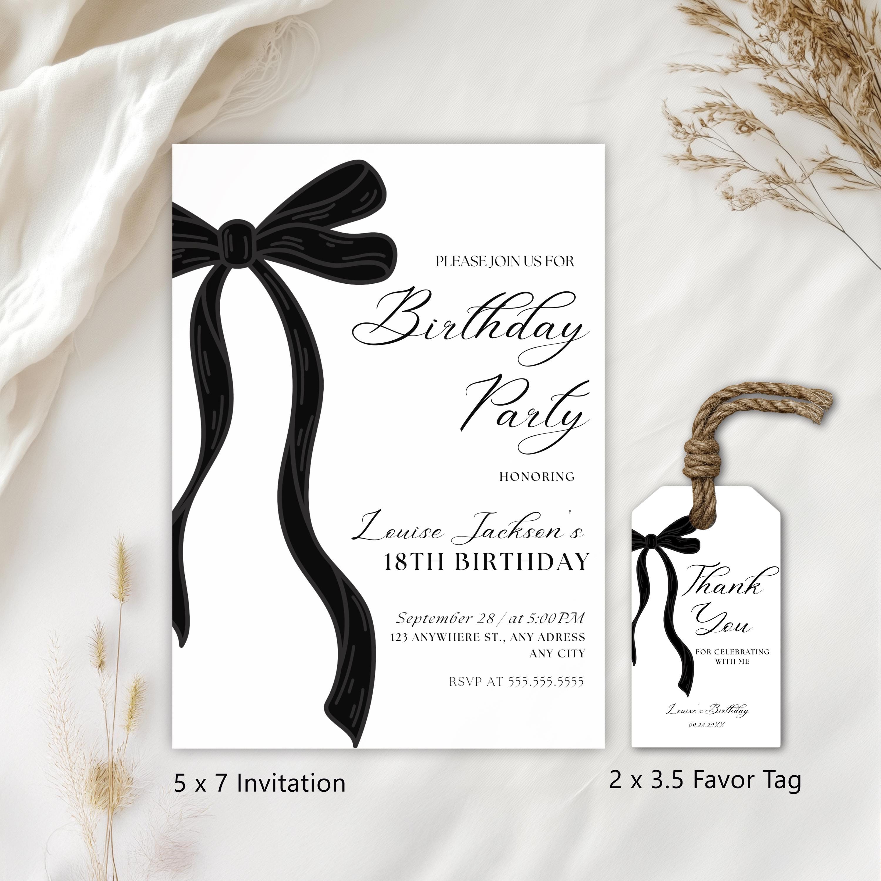 18th Birthday Invitation, Eighteenth Black Bow Minimalist Party Invite, 9173