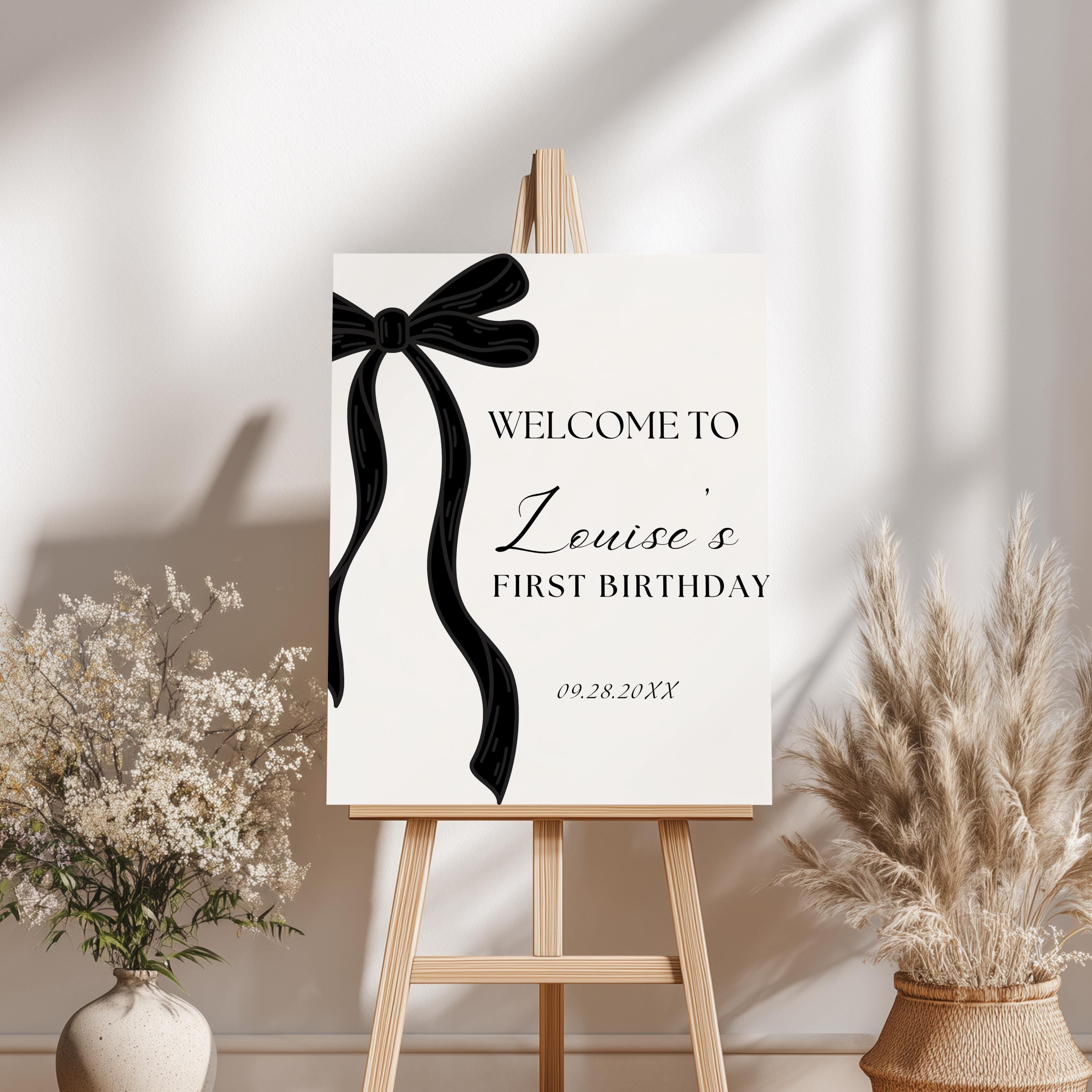 Black Bow Minimalist Modern Welcome Sign, Gender neutral, 1st Birthday Signs, 9174