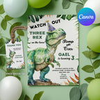 Dinosaur Three-Rex Birthday Invitation | Editable Canva Template | 3rd Birthday Invite | Instant Download 9014