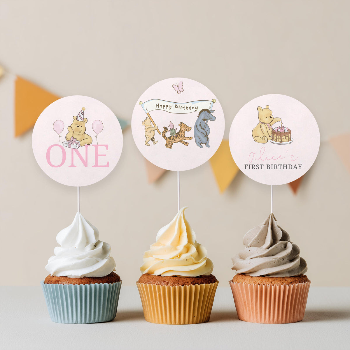 Pink Winnie the Pooh Cupcake Topper, Birthday Cupcake Toppers