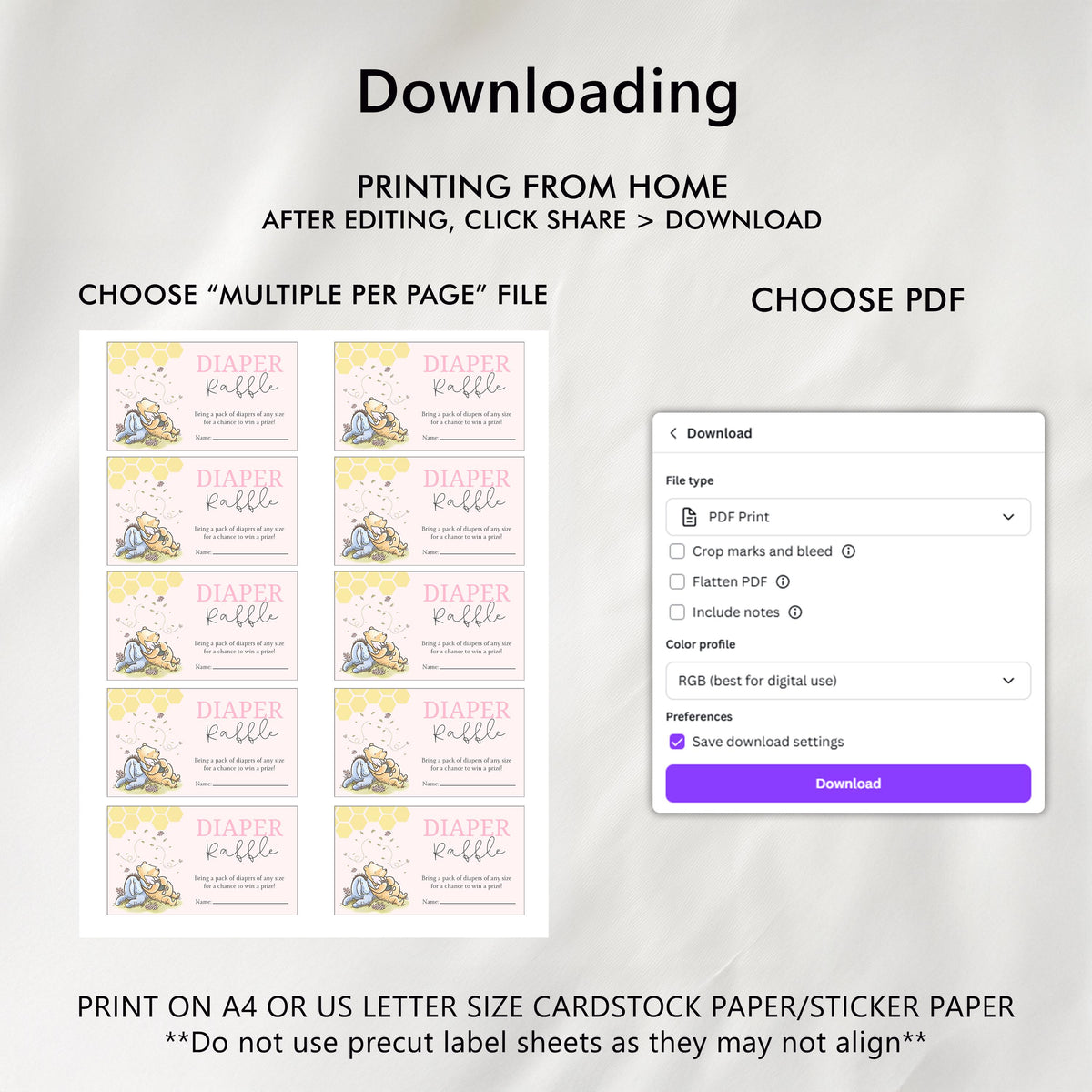 Pink Winnie the Pooh Diaper Raffle Card, Printable Nappy Raffle Cards