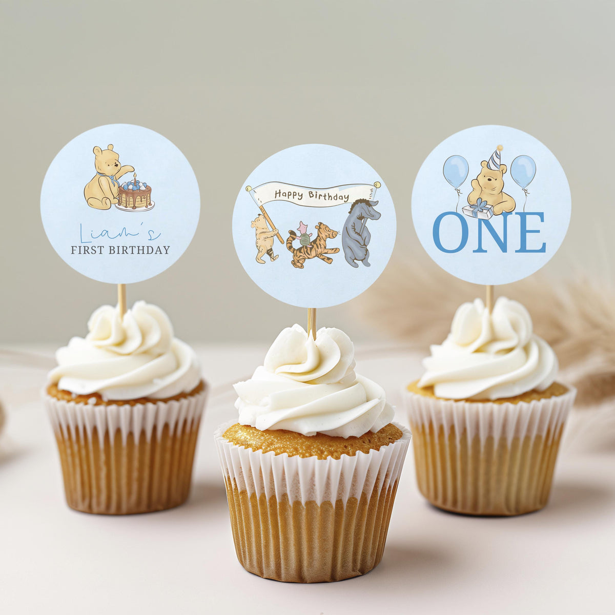 Blue Winnie the Pooh Cupcake Topper, Birthday Cupcake Toppers