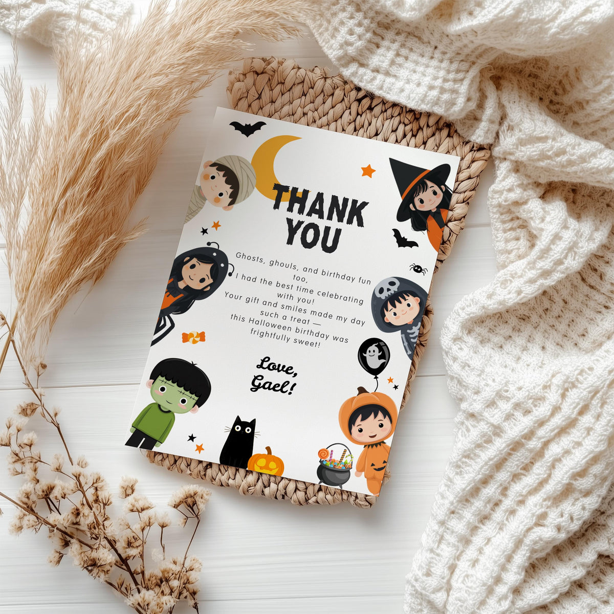 Halloween Editable Birthday Thank you card, Halloween Costume Thank you card Printable Spooky Party Template Instant Download