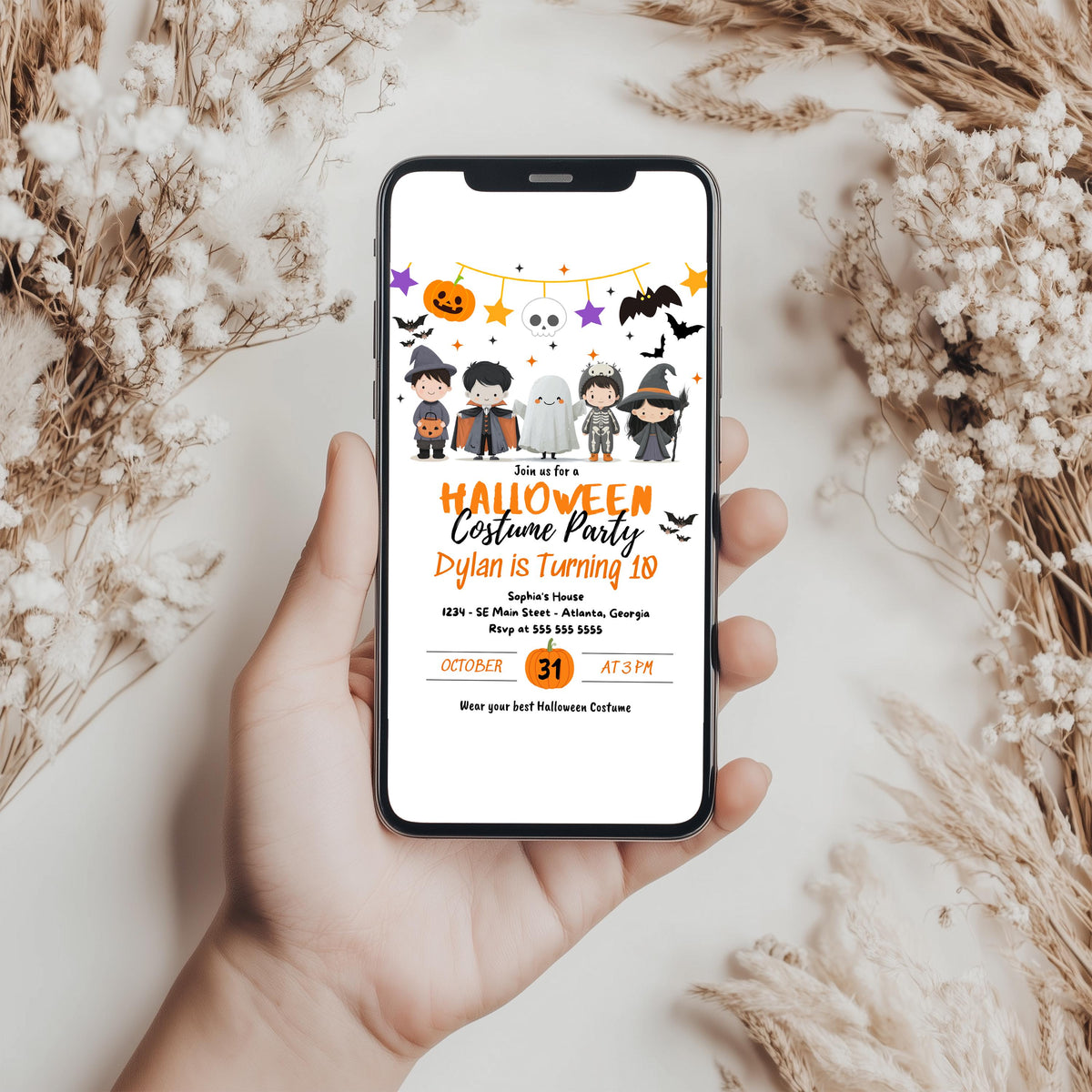 Editable Spooktacular Costume Party Halloween Birthday Invitation, Halloween Birthday Party Invite, Cute Kids Halloween Mobile Invite