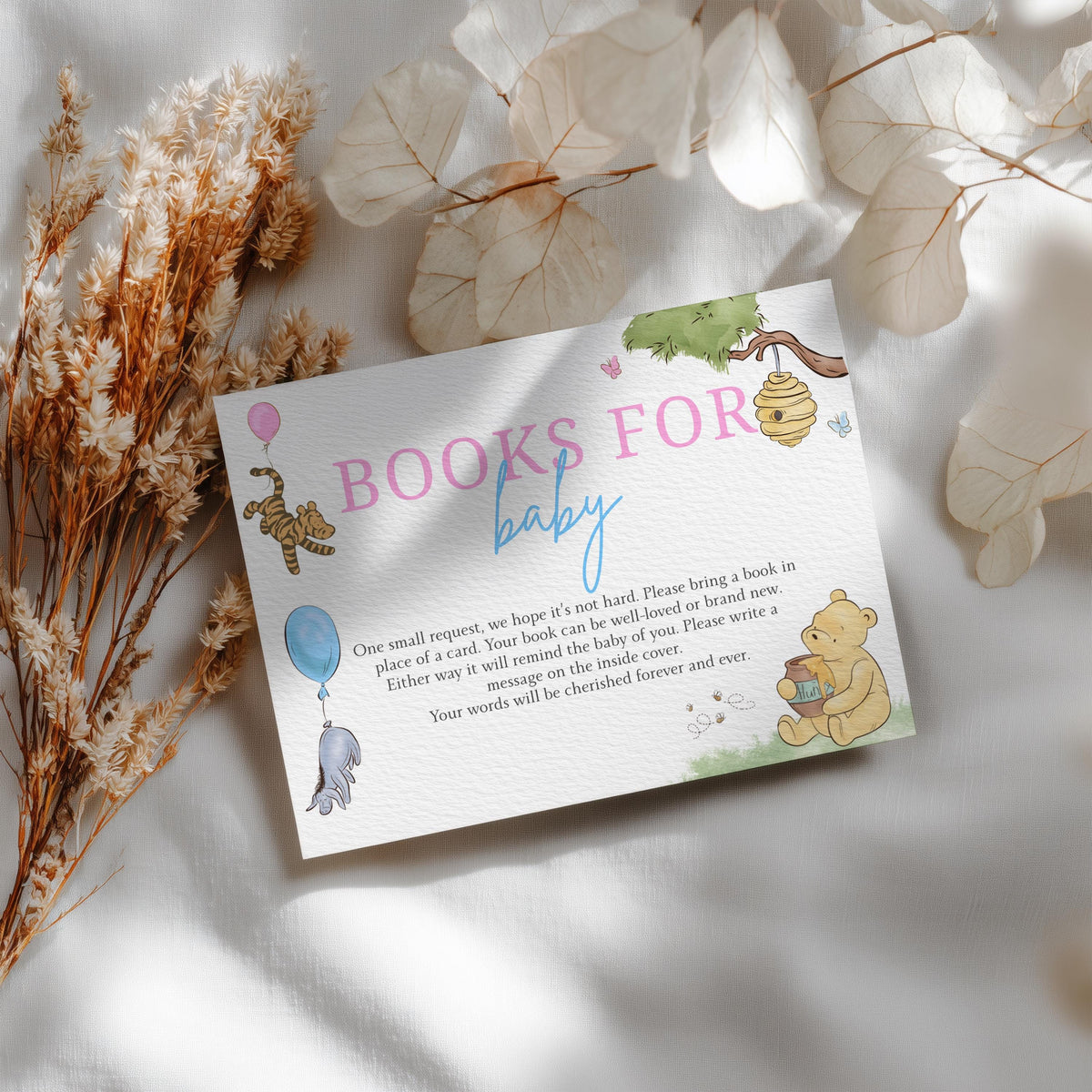 Winnie the Pooh Gender Reveal Books For Baby Printable, Baby Shower Book Request Cards