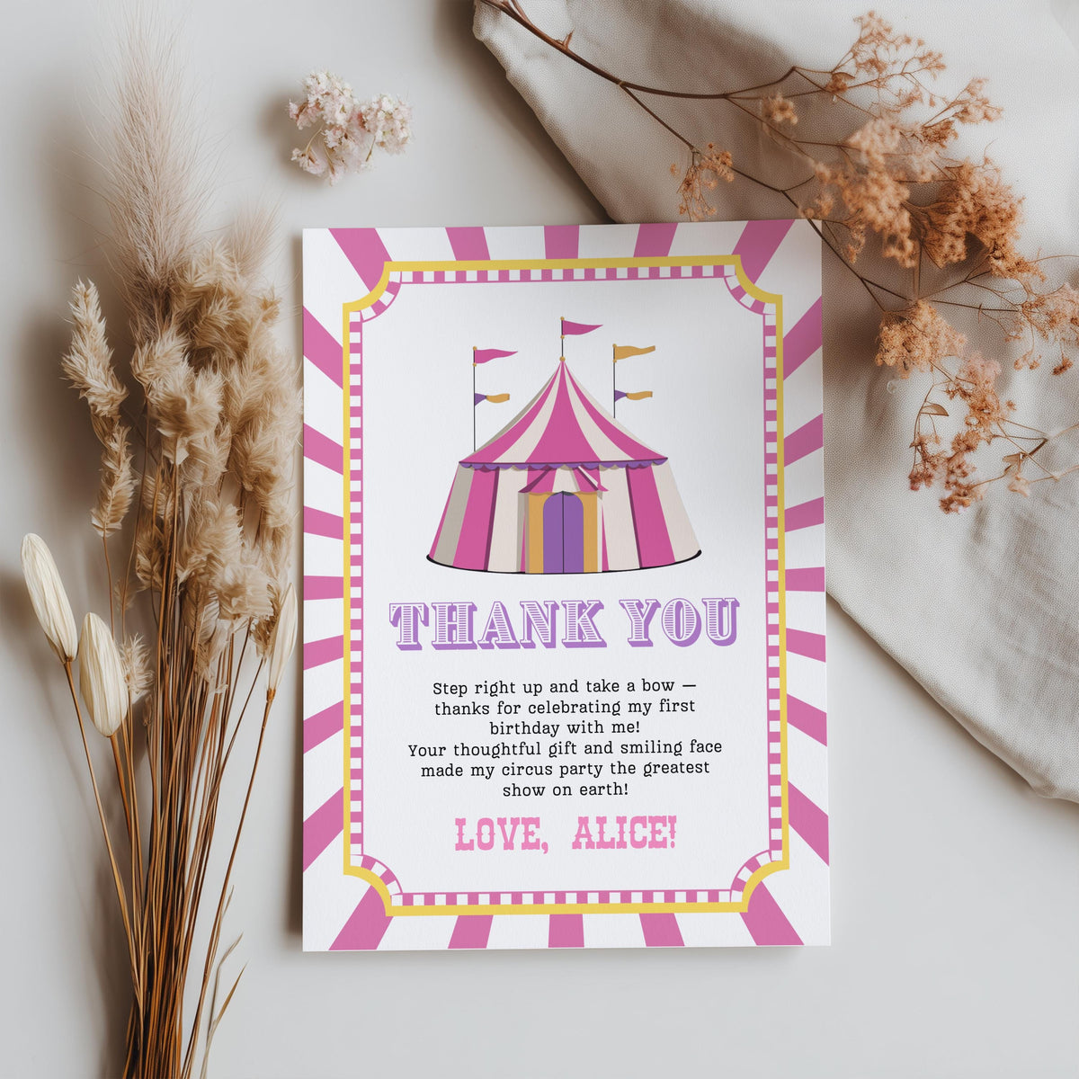 Pink Circus Thank You Card Template, Printable Thanks Card