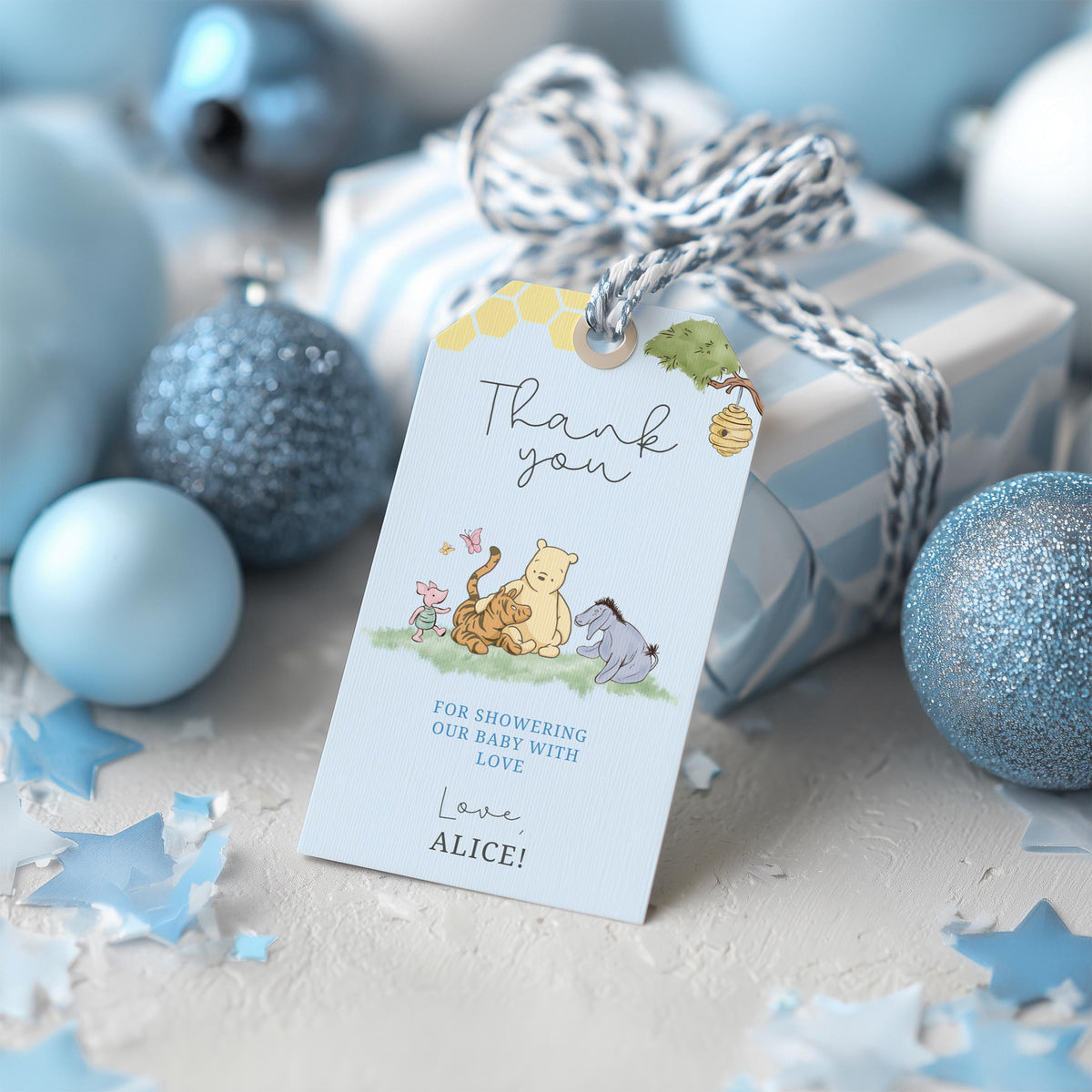 Blue Winnie the Pooh Baby Shower Favor Tags, Thank You Tags