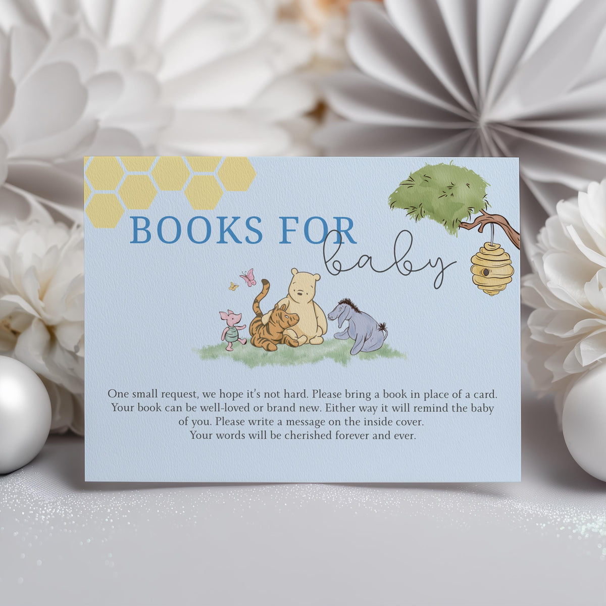 Blue Winnie the Pooh Books For Baby Printable, Baby Shower Book Request Cards