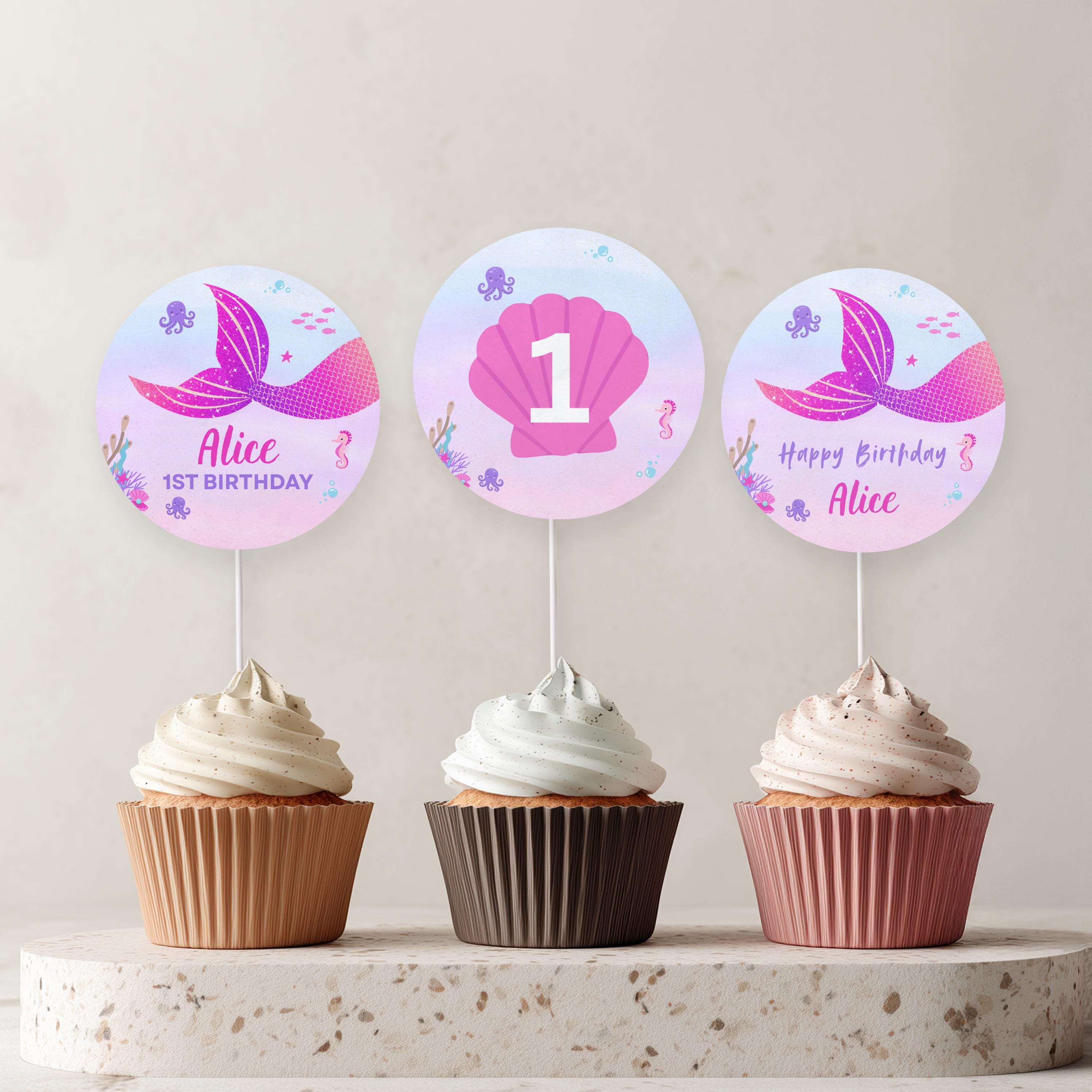 Mermaid Cupcake Toppers, Mermaid 1st Birthday, Mermaid First Cupcake Toppers, Mermaid Birthday Cupcake, Pink Mermaid Birthday 9168