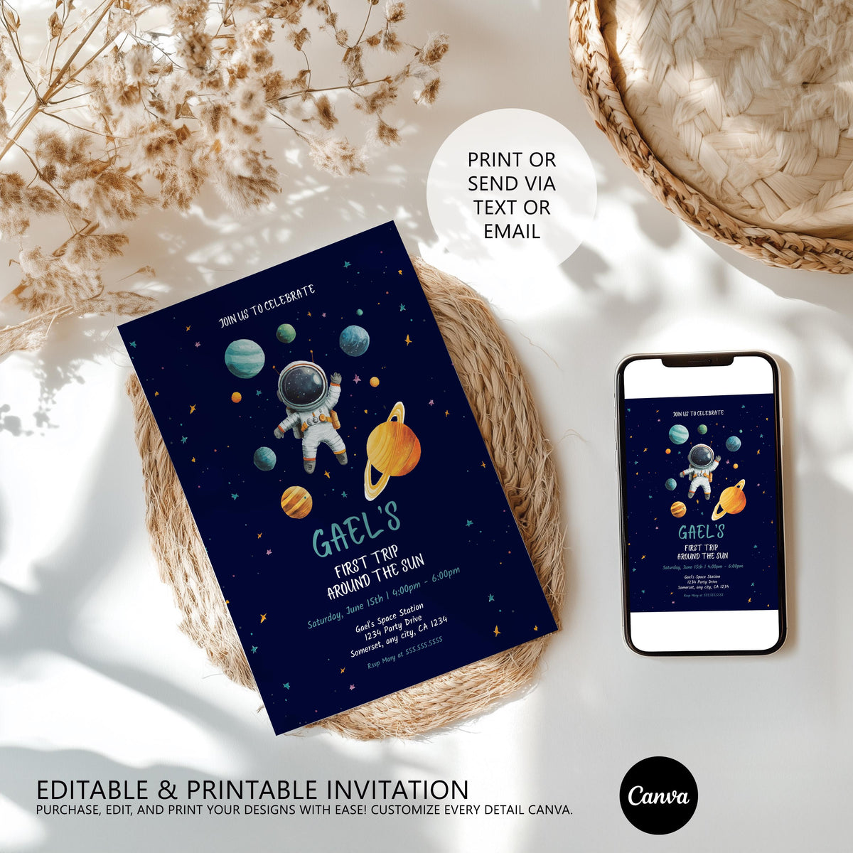 Astronaut First Tip Around the Sun Birthday Invitation, Astronaut Birthday Invite, Outer Space First Birthday, 1st Birthday Boy