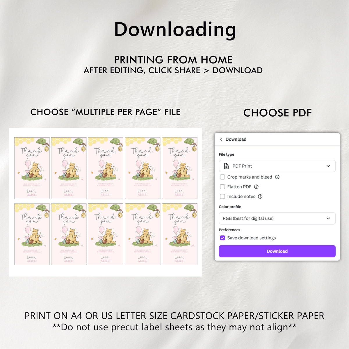 Pink Winnie the Pooh Favor Tags, Birthday Thank You Tags, Printable Gift Tag