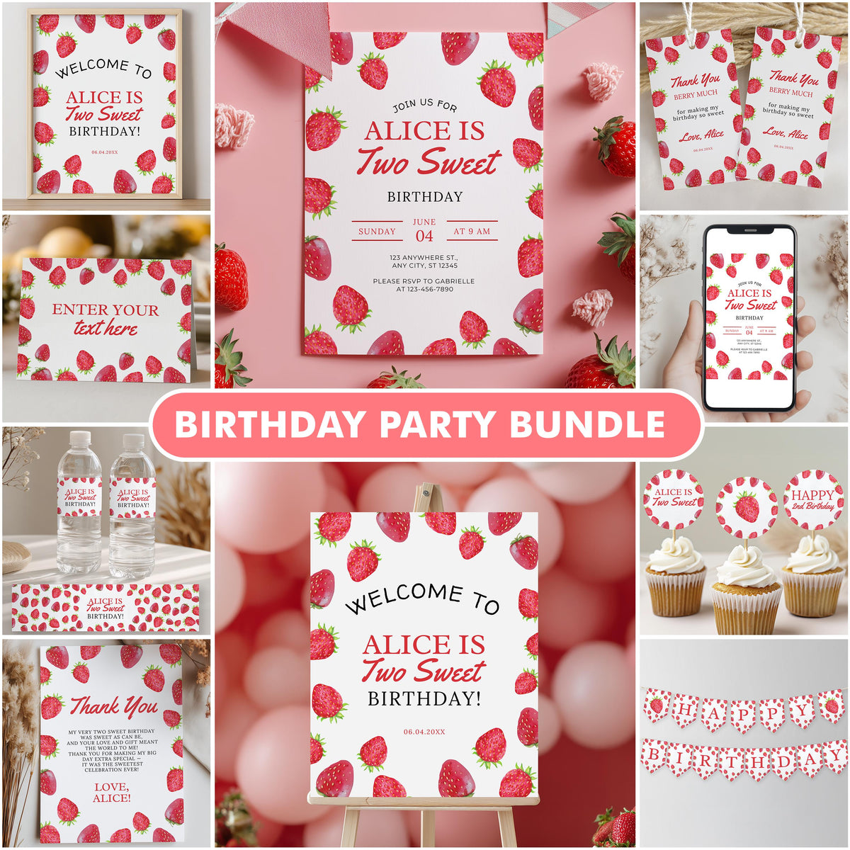 Editable Two Sweet Birthday Party Decorations | Strawberries Printable Party Bundle