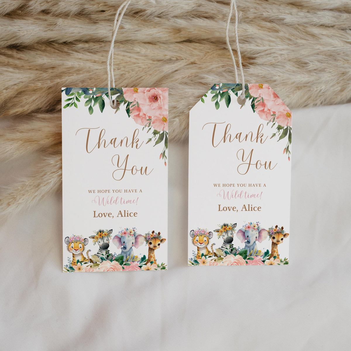 EDITABLE Safari Favor tags, Girl Wild One 1st Birthday Thank you tag, Gold Jungle Animals Gift tag, Printable template Instant Download