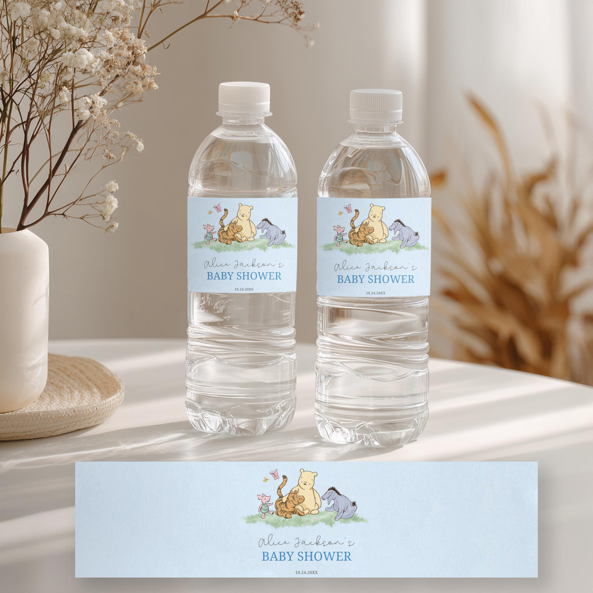 Blue Winnie the Pooh Water Bottle Labels, Baby Shower Label