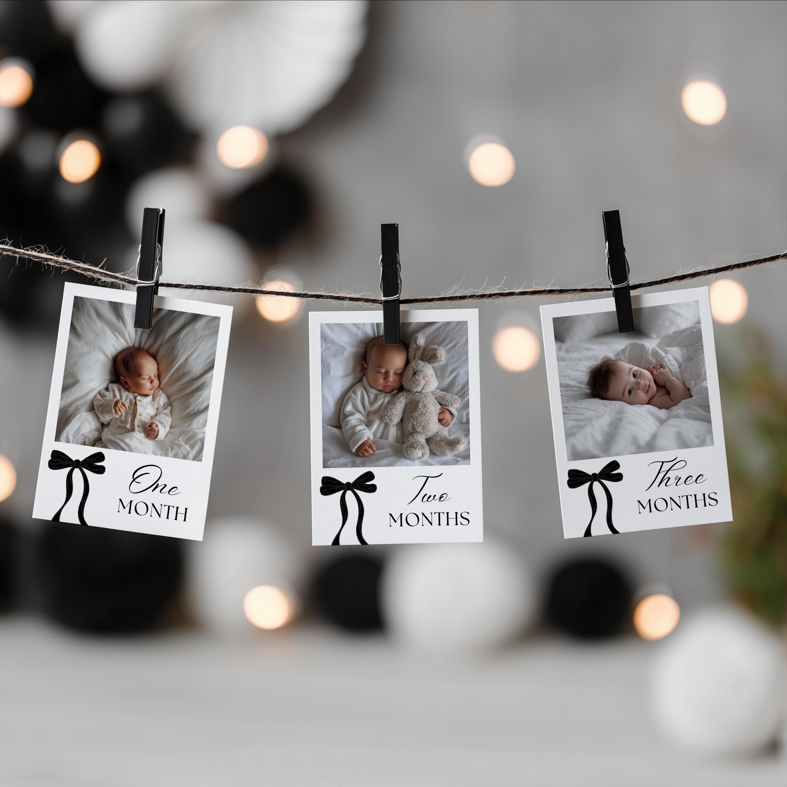 Black Bow Minimalist First Birthday Photo Banners, 1st Birthday Banner, Gender Neutral Cards 9174