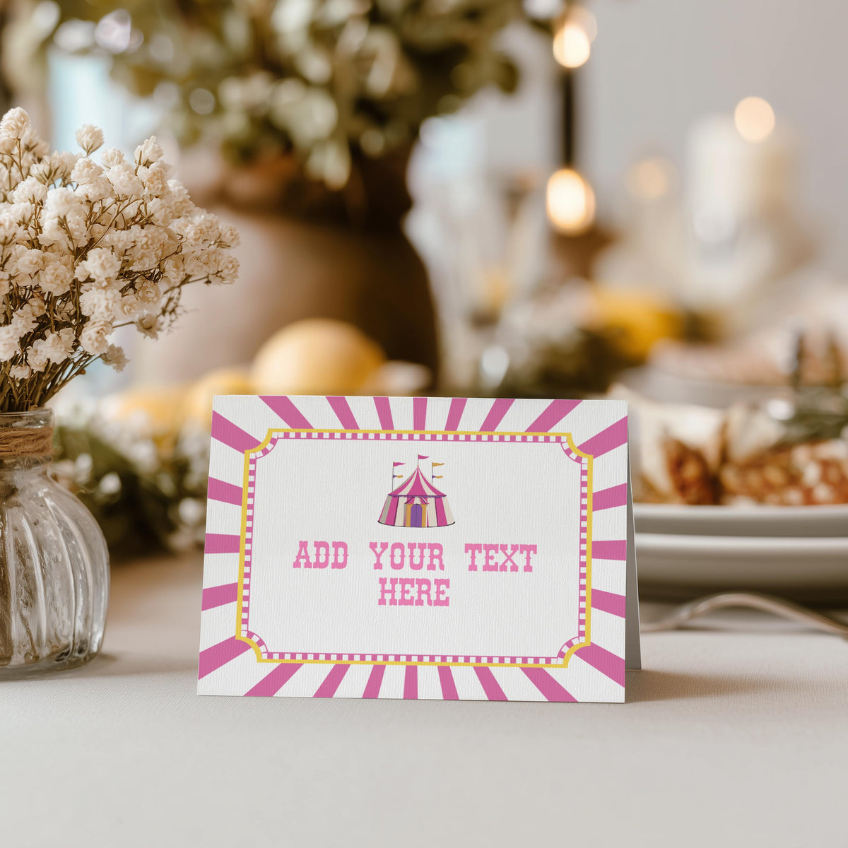 Pink Circus Food Labels, Birthday Food Label Tent Card