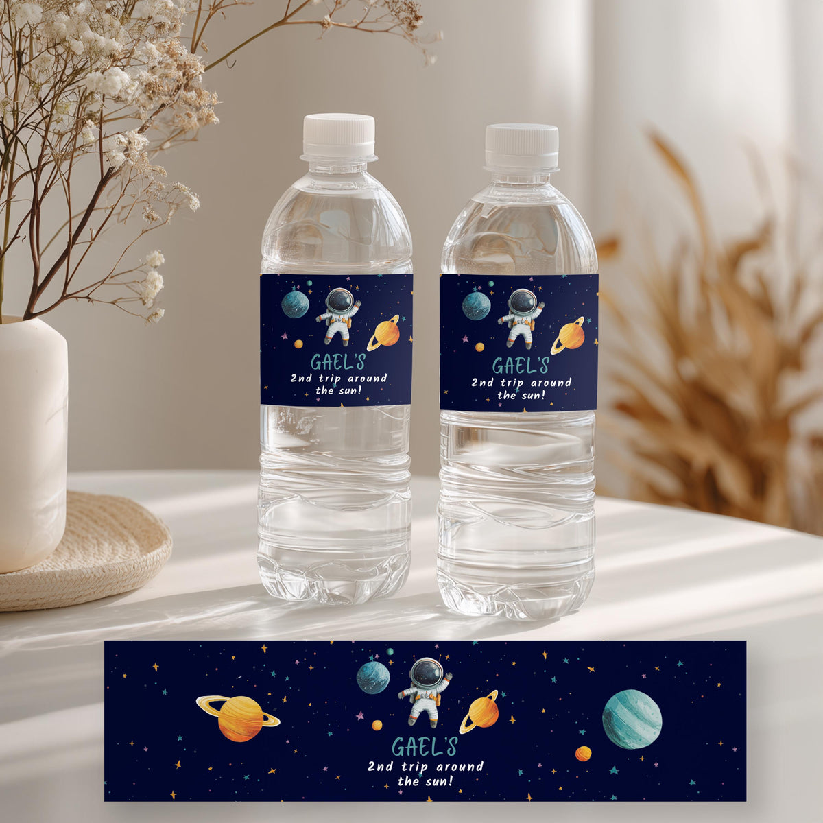 Space Astronaut Birthday Bottle Label, Second Trip Around the Sun Water Bottle Label | Party Decorations | Instant Download