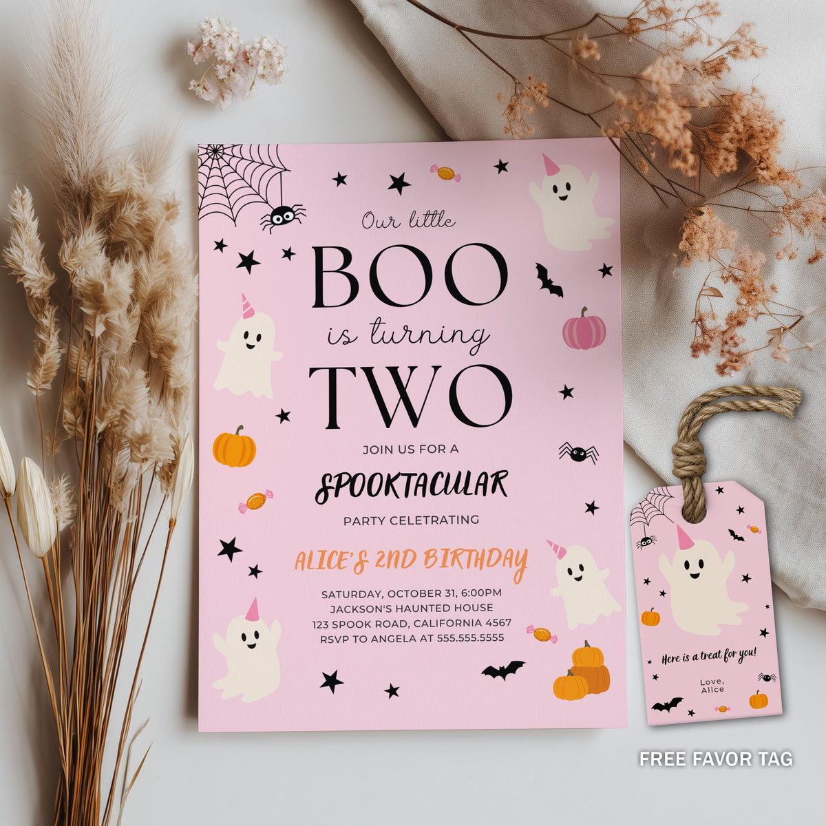 Pink Ghost Halloween Birthday Invitation: Editable Canva Template (Digital Download) 9162