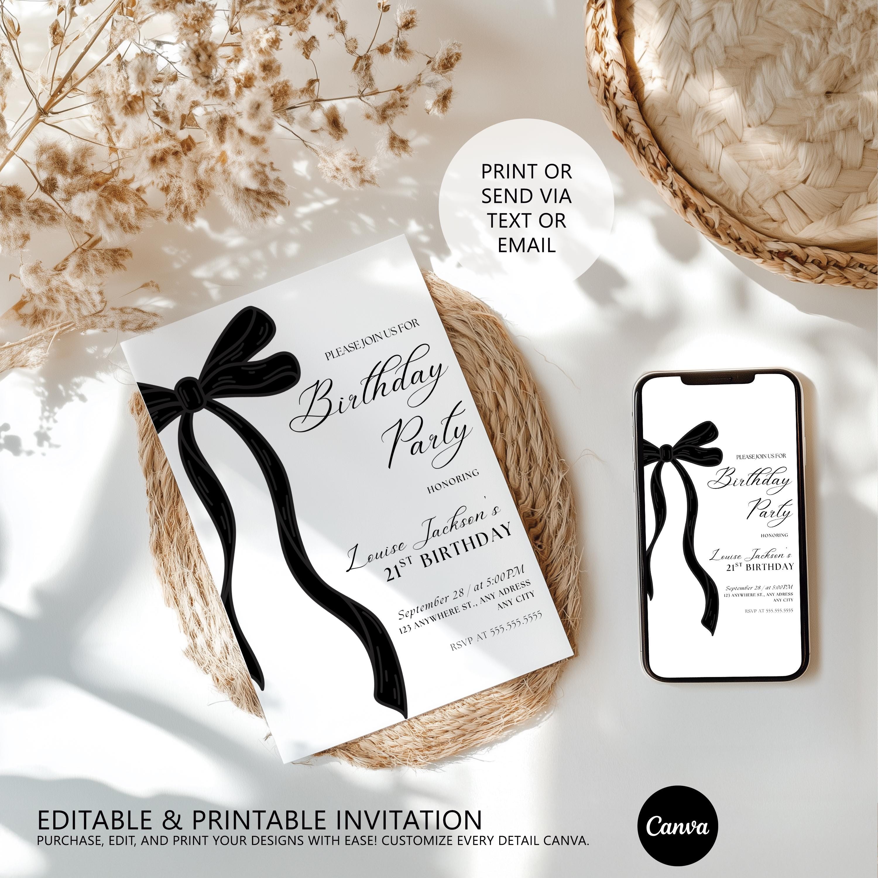 21st Birthday Invitation, Black Bow Minimalist 21st Party Invite, 9172