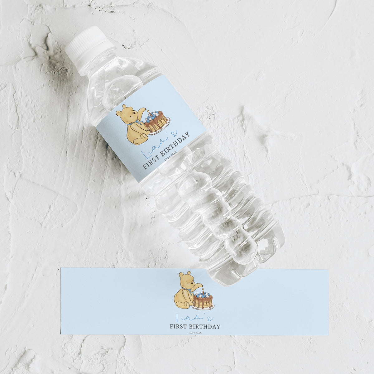 Blue Winnie the Pooh Water Bottle Labels, 1st Birthday Printable Bottle Label