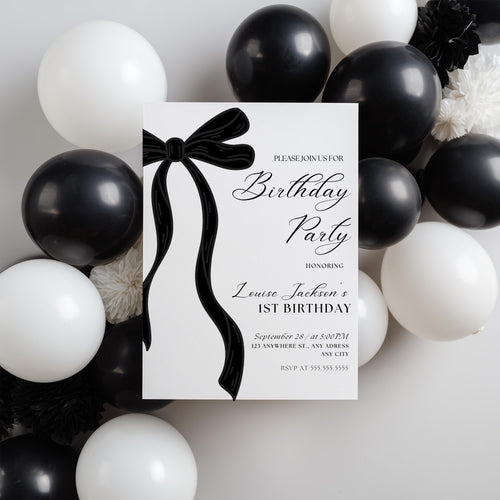Black Bow First Birthday Invitation, Gender neutral Invite, 1st Birthday Party Invitations 9174