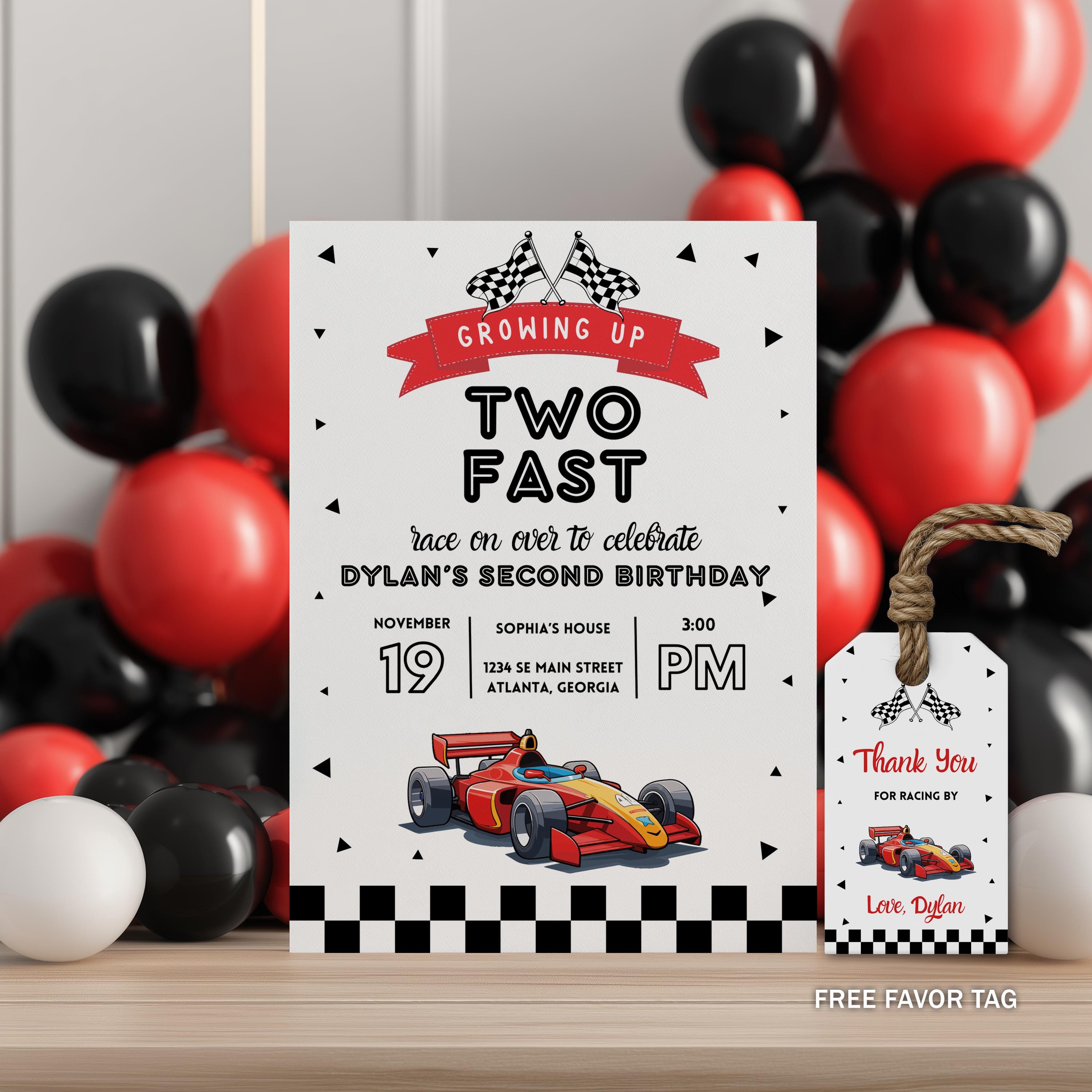 Growing Up Two fast Birthday Invitation, Race Car Party Invite, Racing Red Car 9179