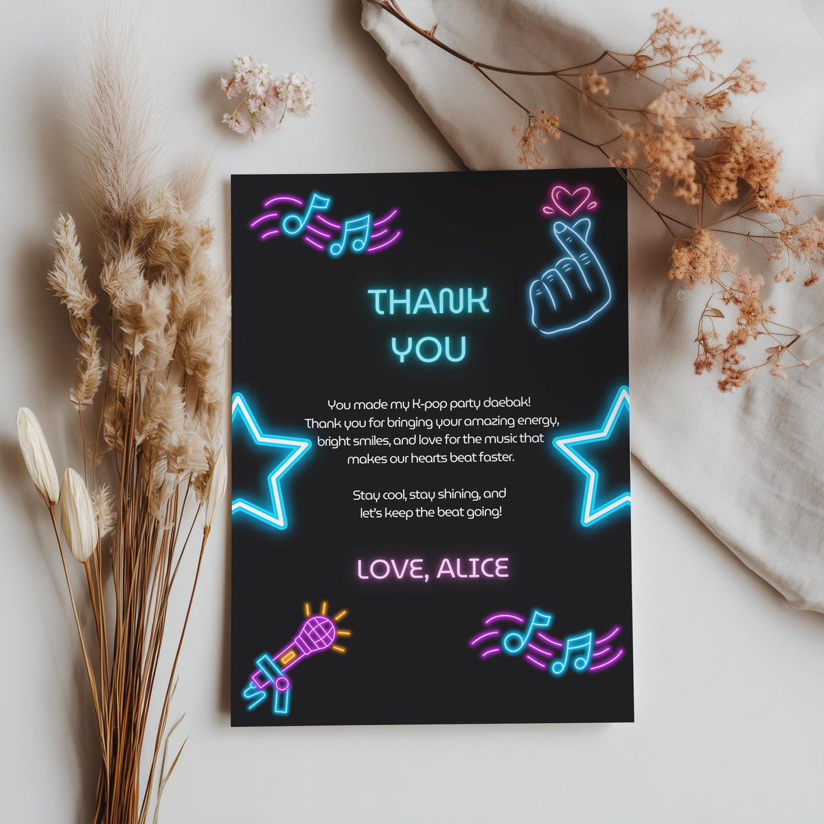 Music Neon Kpop Editable Birthday Thank You Card | Instant Download
