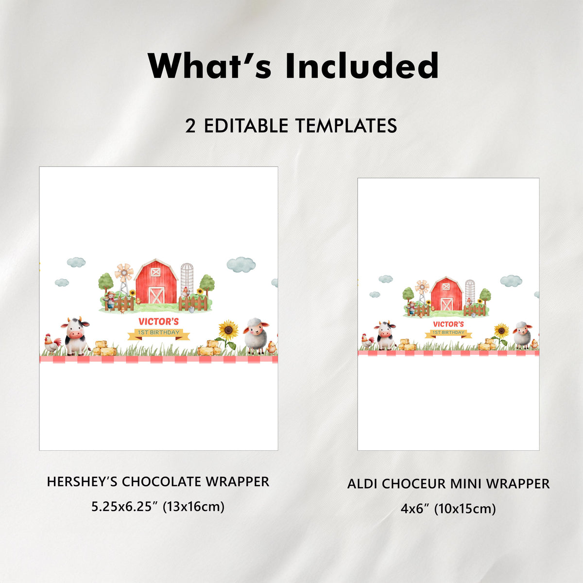 1st Birthday Little Farm Chocolate Wrappers, Barnyard Birthday Candy Bar Wrapper, Canva Template