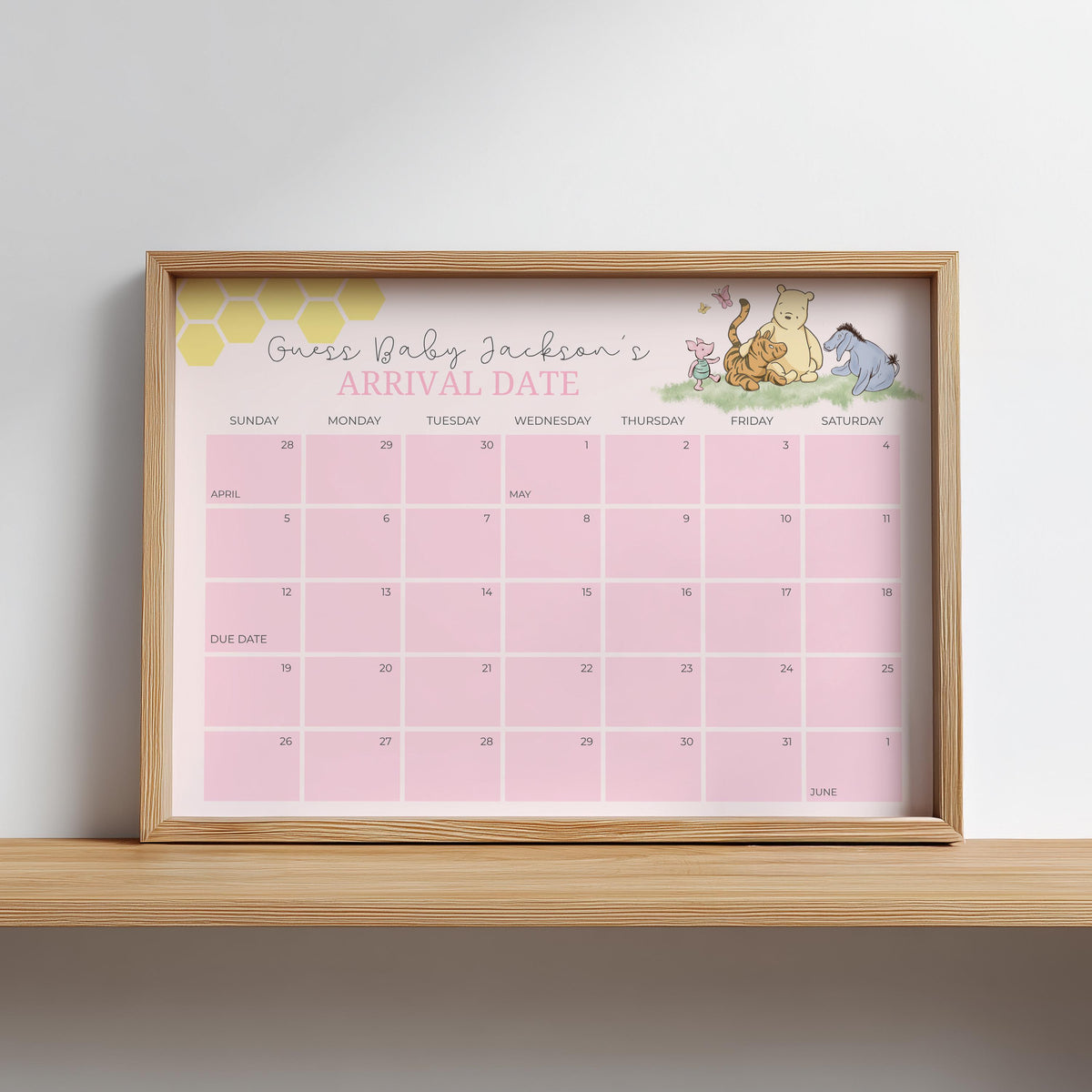Pink Winnie the Pooh Due Date Calendar, Baby Shower Baby Arrival Signs