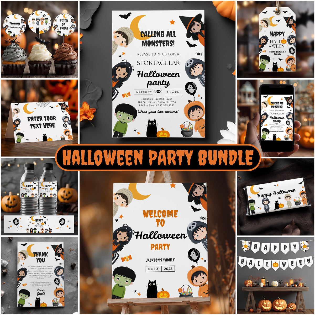 Editable Halloween Costume Witch Mummy Party Bundle Decoration, Halloween Pumpkin Costume Party Package Bundle, Halloween Party Bundle