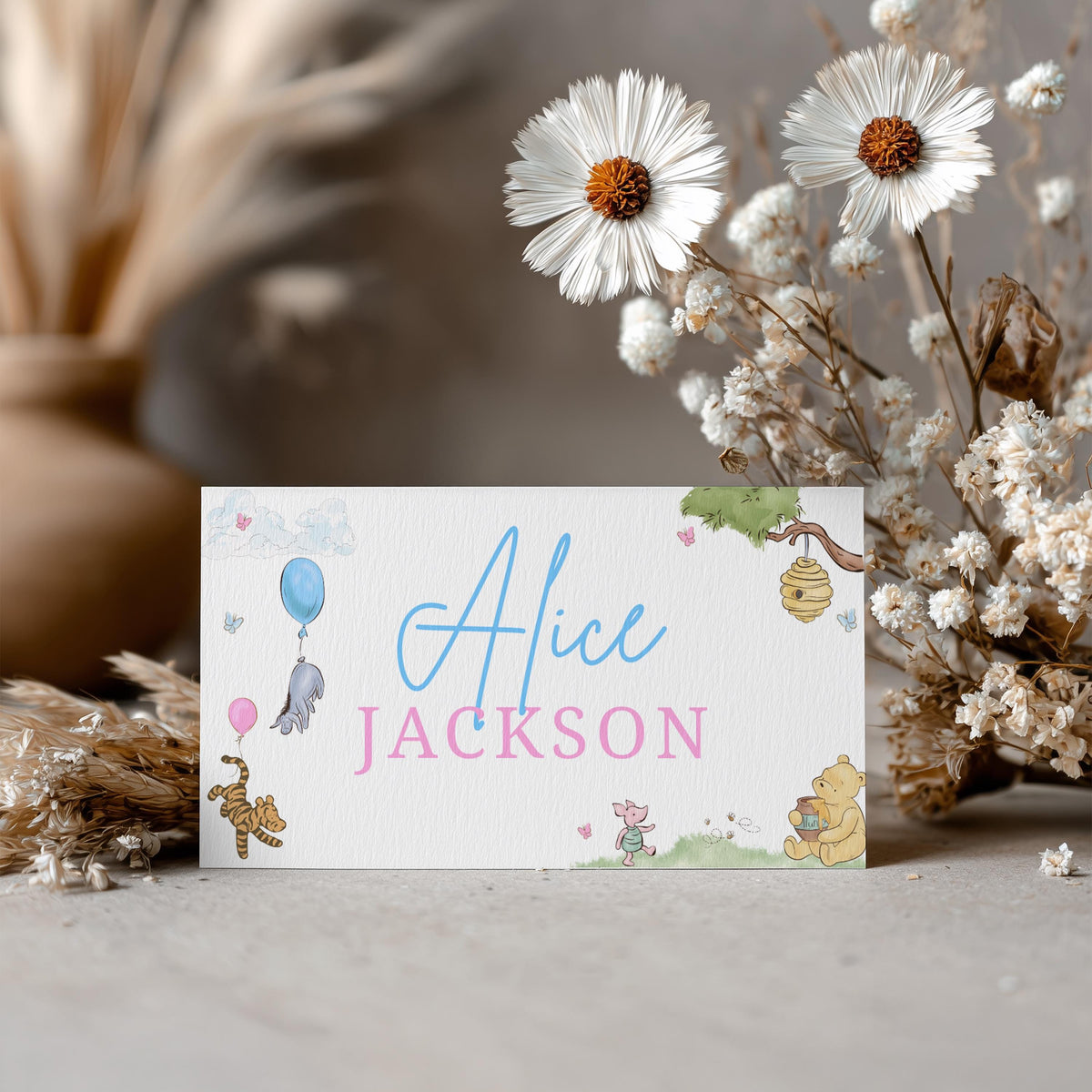 Winnie the Pooh Gender Reveal Place Card Template Printable, Baby Shower Editable Place