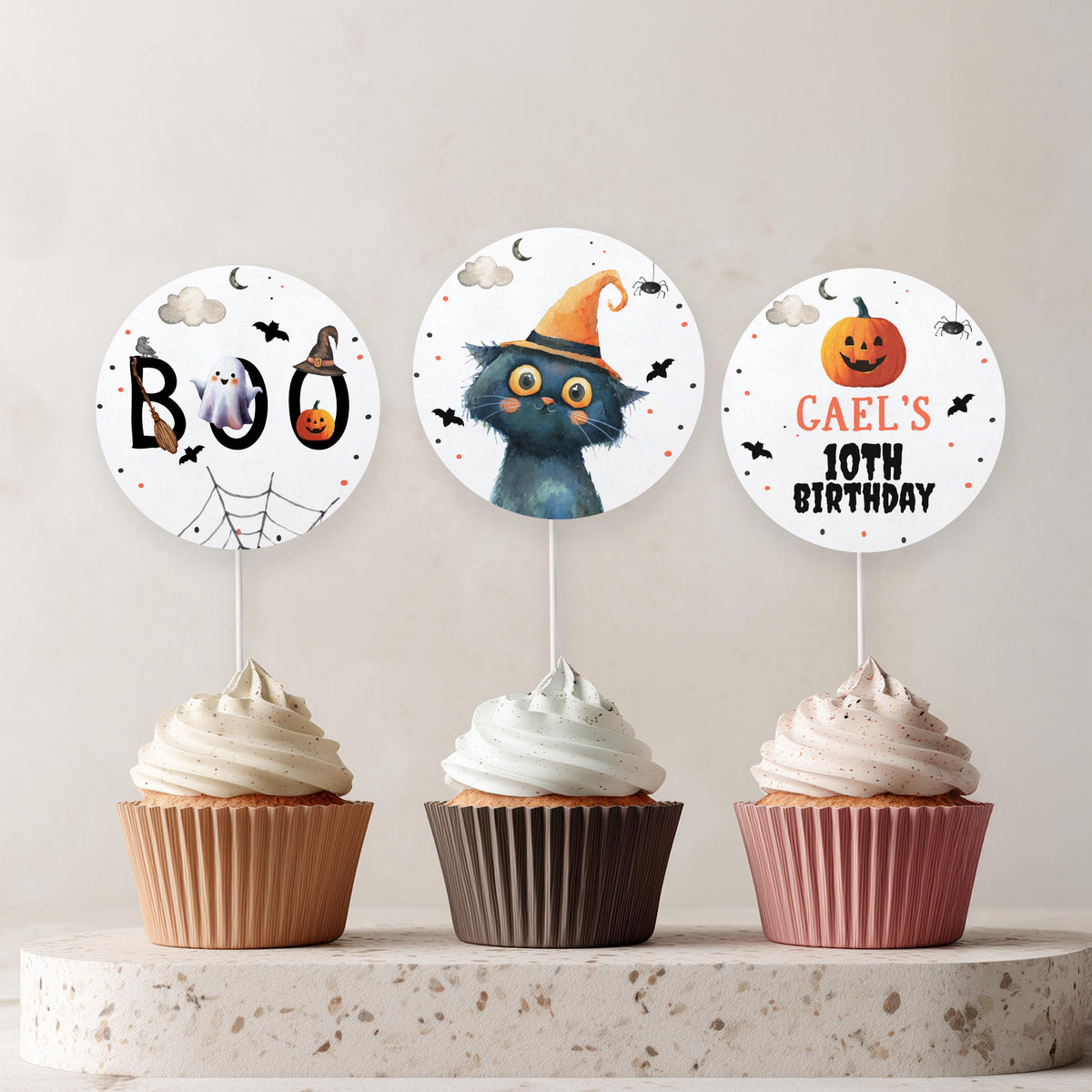 Boo Ghost Birthday Cupcake Toppers Favor Tags Halloween Black Cat Pumpkin Party Spooky Download Digital PRINTABLE