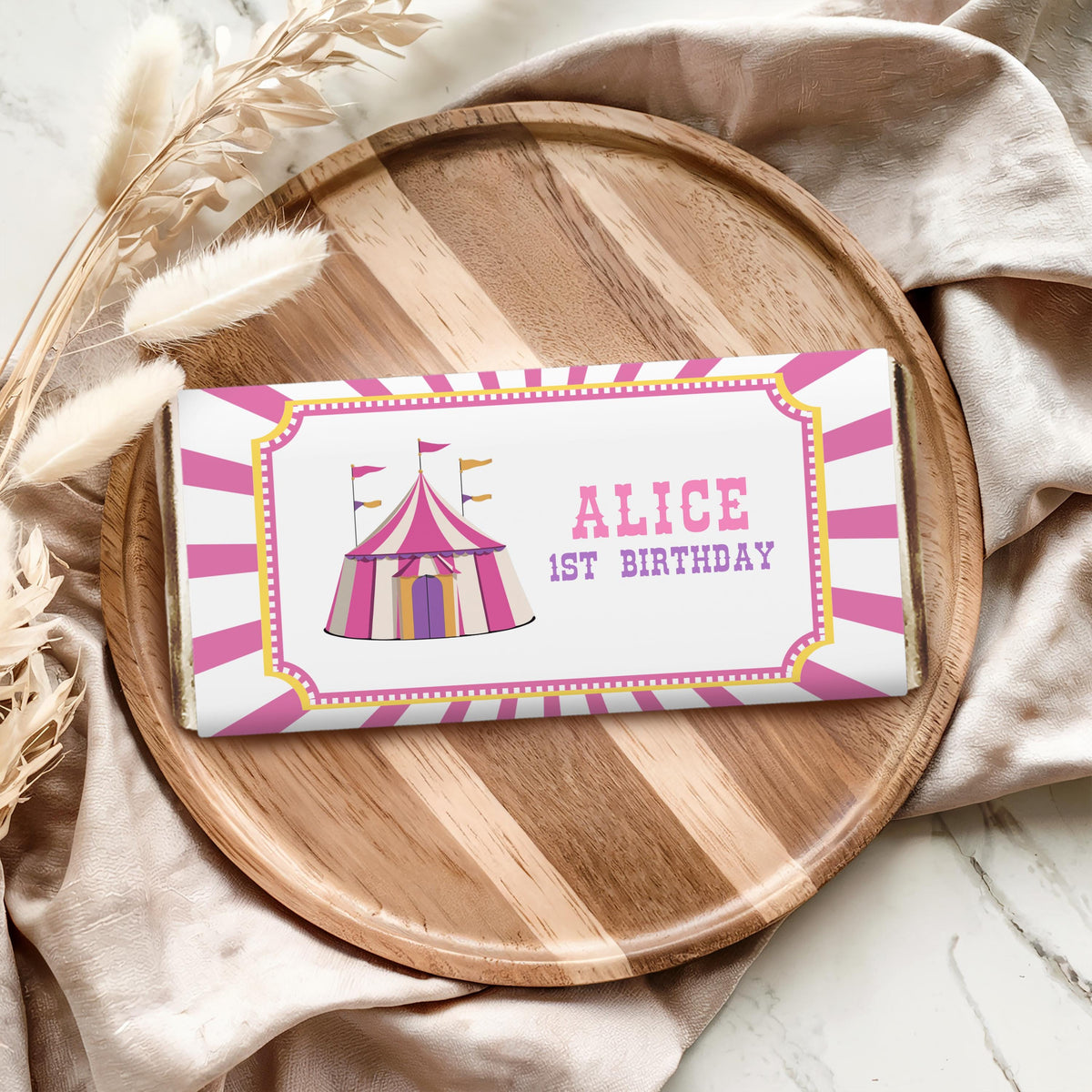 Pink Circus 1st Birthday Chocolate Wrappers, Candy Bar Label