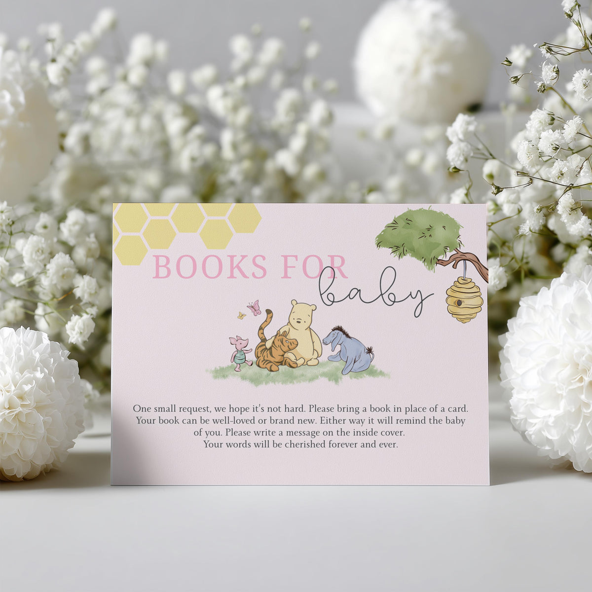 Pink Winnie the Pooh Books For Baby Printable, Baby Shower Book Request Cards