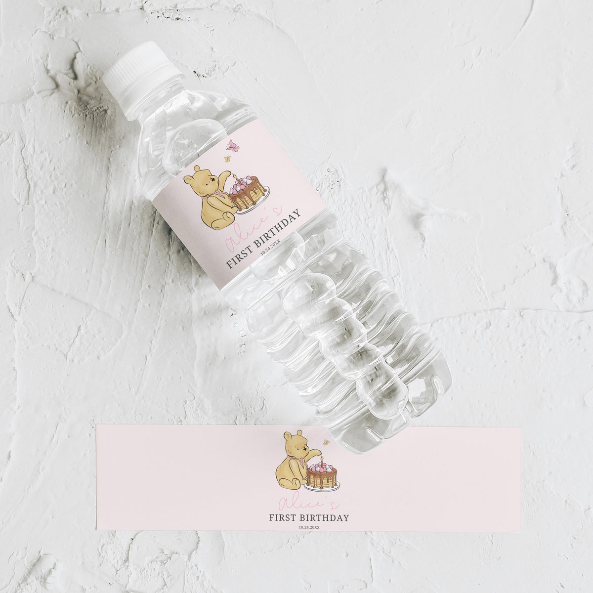 Pink Winnie the Pooh Water Bottle Labels, 1st Birthday Printable Bottle Label