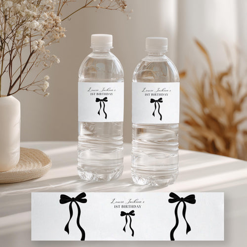 Black Bow Minimalist Bottle Labels, 1st Birthday Label, Printable Water Label 9174