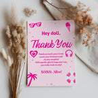 Hot Pink Doll Summer Editable Birthday Thank you card, Pink Pool Party Thank you card Printable Template Instant Download
