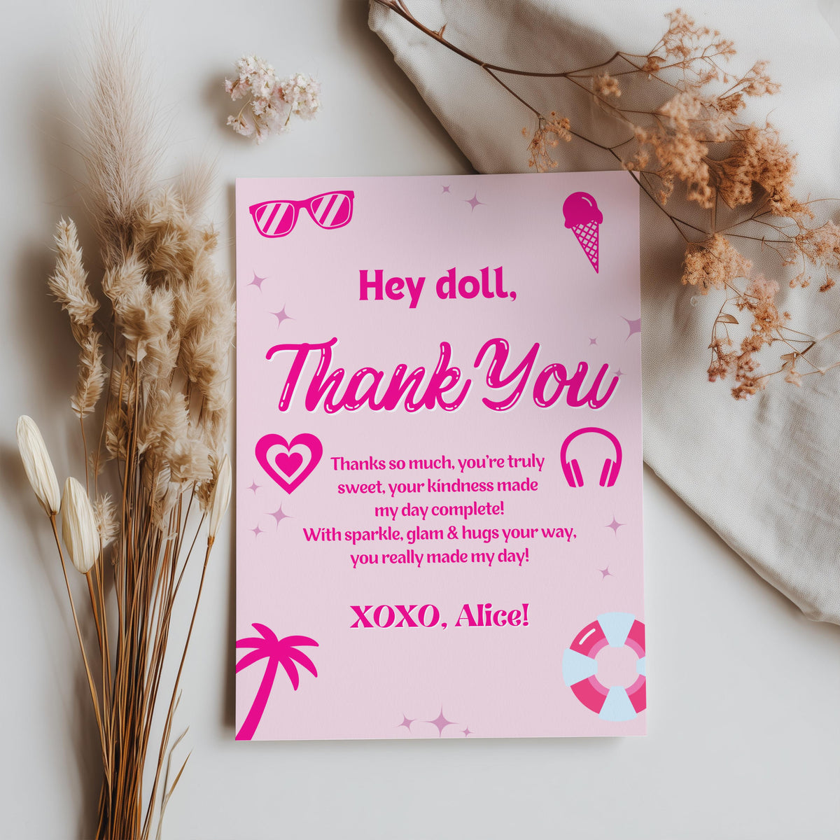 Hot Pink Doll Summer Editable Birthday Thank you card, Pink Pool Party Thank you card Printable Template Instant Download