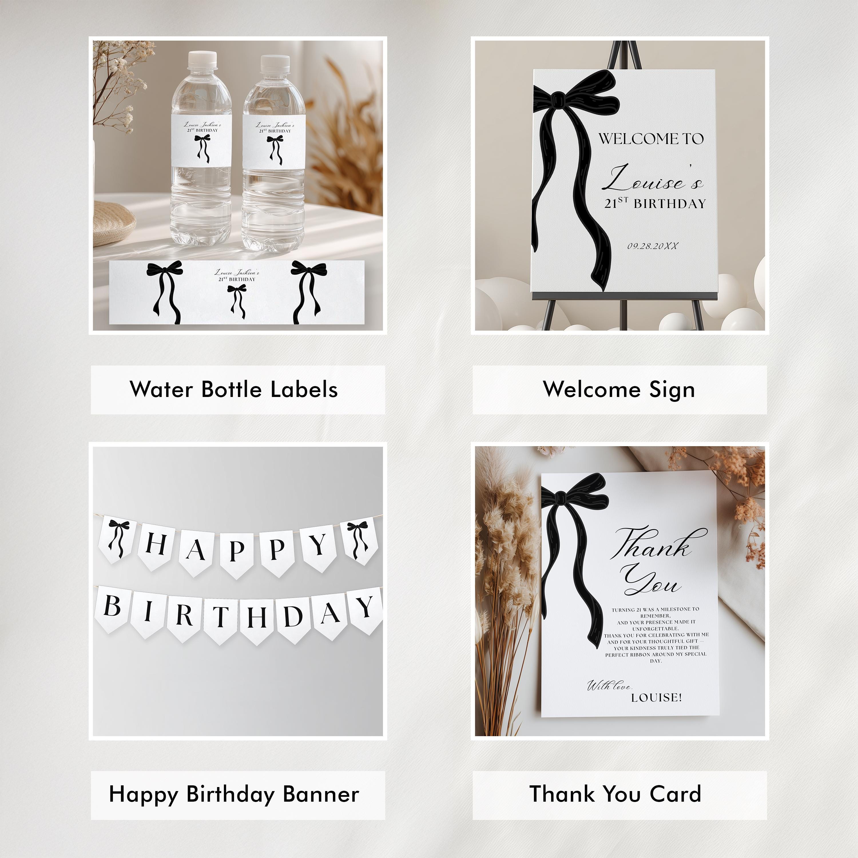 21st Party Decoration | 21st Birthday Bundle | Adult Black Bow Twenty-first Minimalist Decorations | Download 9172