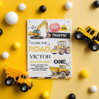 Construction First Birthday Invitation, Yellow Tractors Party Invite, Digital download Template 9164